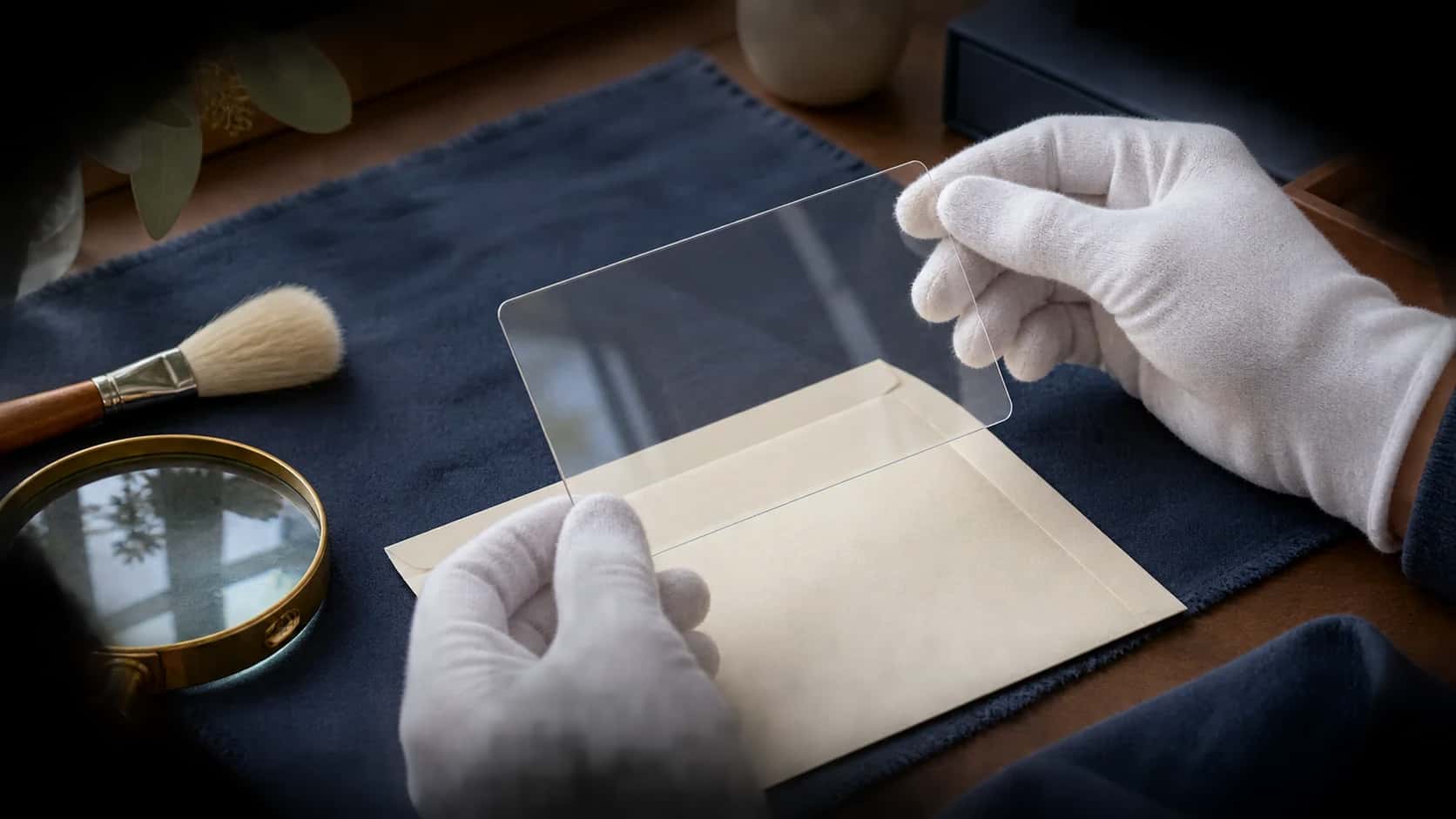 Cotton-gloved hands holding the edges of a blank transparent polymer rectangle above an archival sleeve