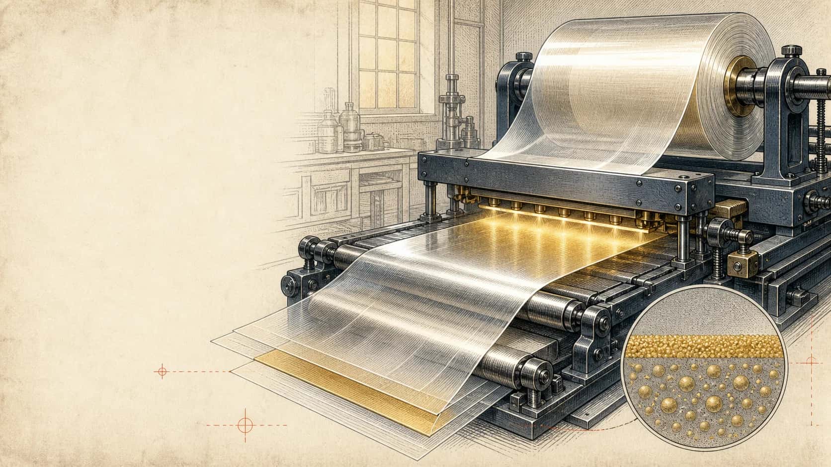 Technical engraving of clear polymer film moving through precision rollers above a thin gold layer