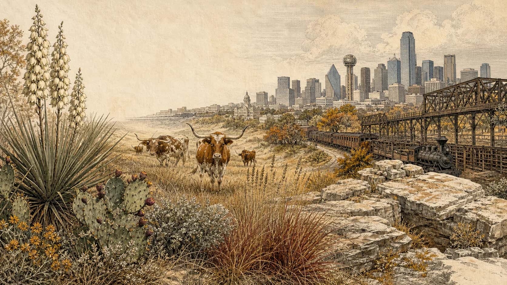 Natural-history engraving of longhorns, prickly pear, yucca, prairie grass, limestone, rail structures, and the Dallas skyline