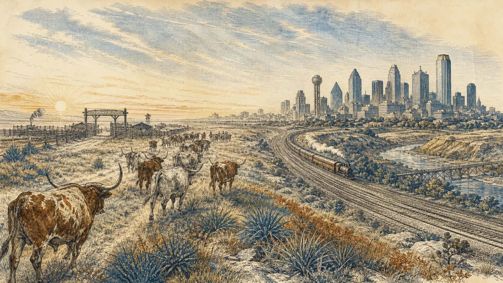 Engraved North Texas panorama with longhorn cattle, rail lines, the Dallas skyline, and Fort Worth stockyard structures