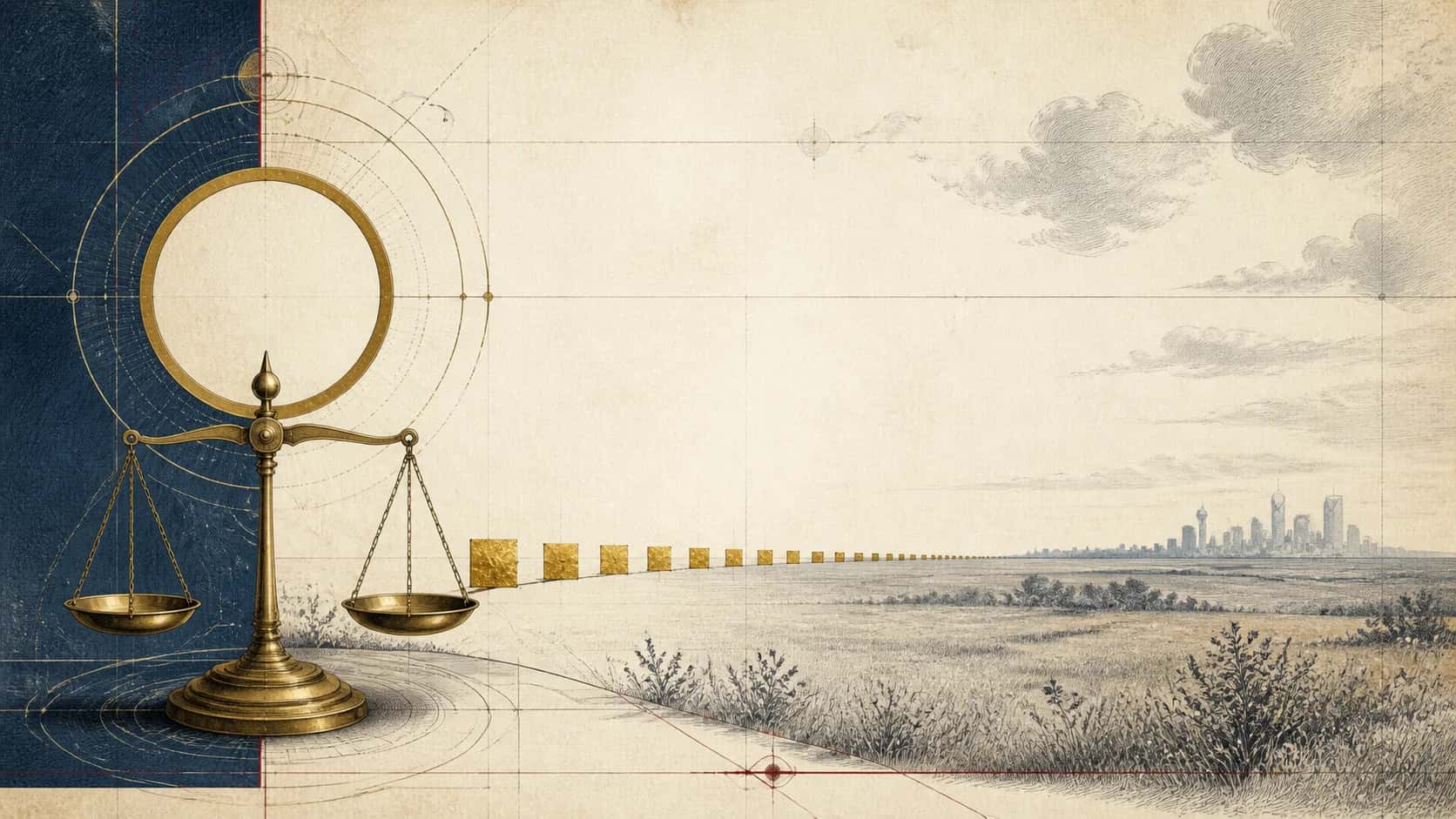 Engraved brass balance and a measured sequence of gold-leaf squares across a North Texas horizon