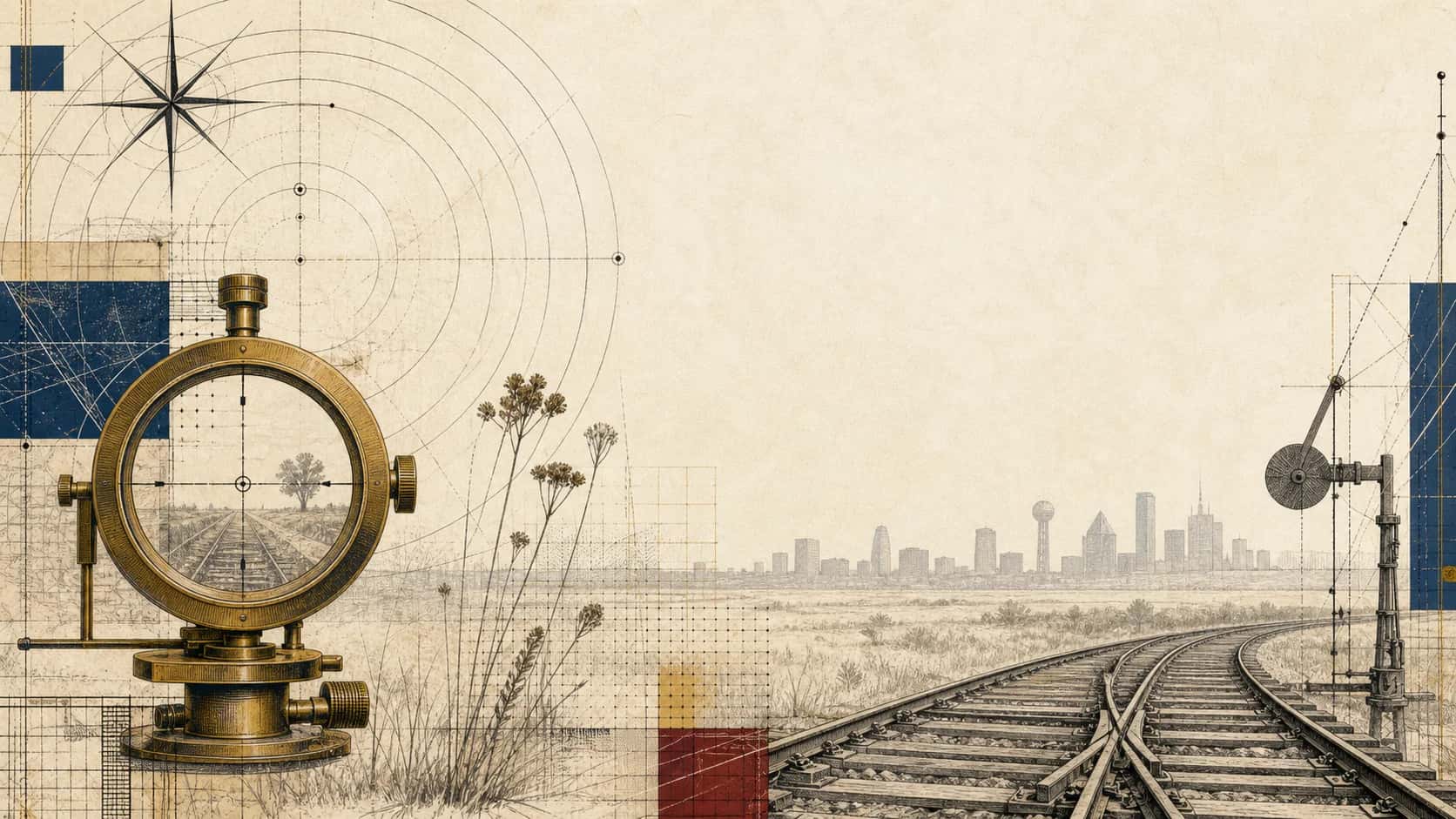 Abstract brass survey lines, rail geometry, graph-paper marks, and a single gold-leaf square
