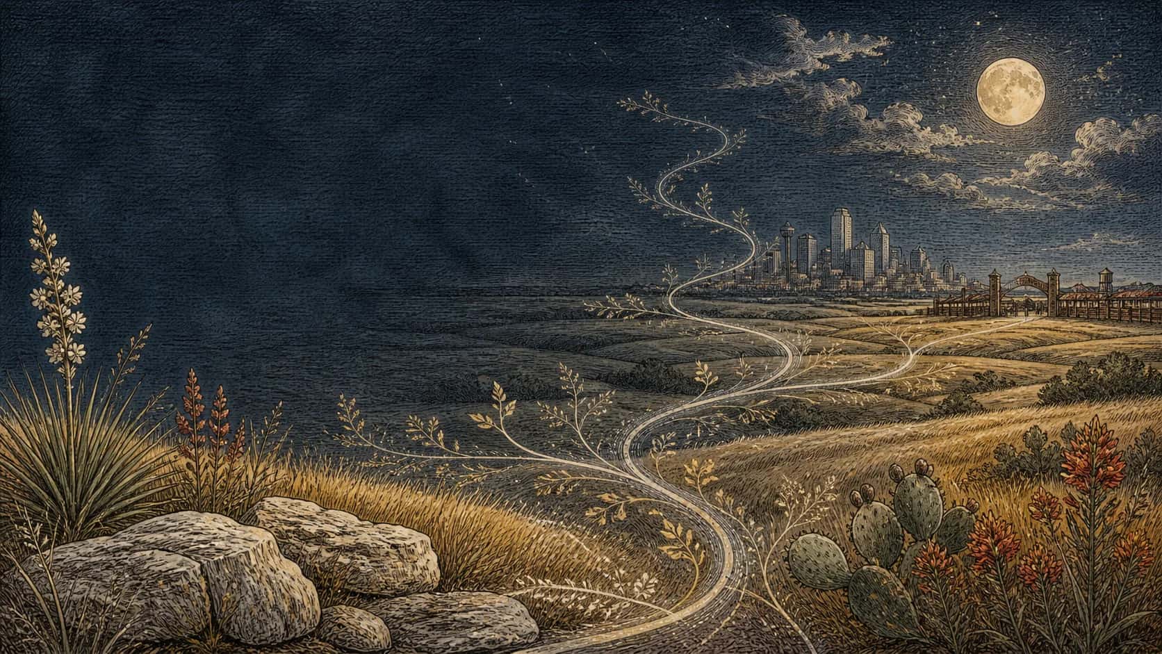 Moonlit North Texas prairie beneath a star-filled sky and distant Dallas–Fort Worth lights