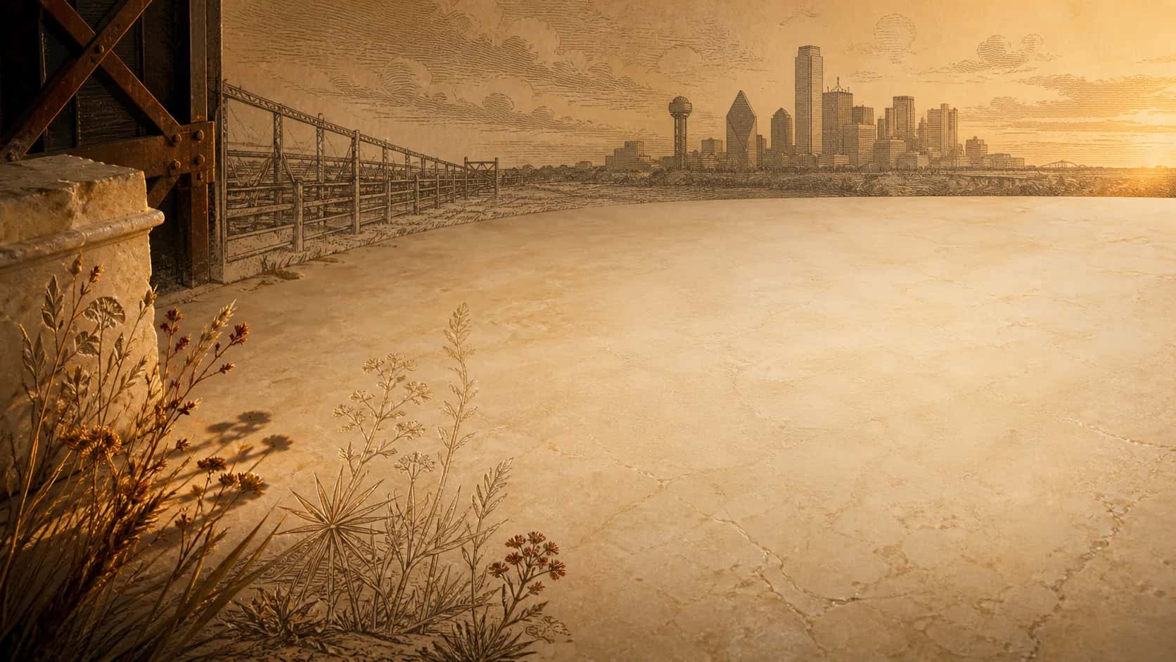 Limestone display surface with a distant North Texas skyline at warm dusk